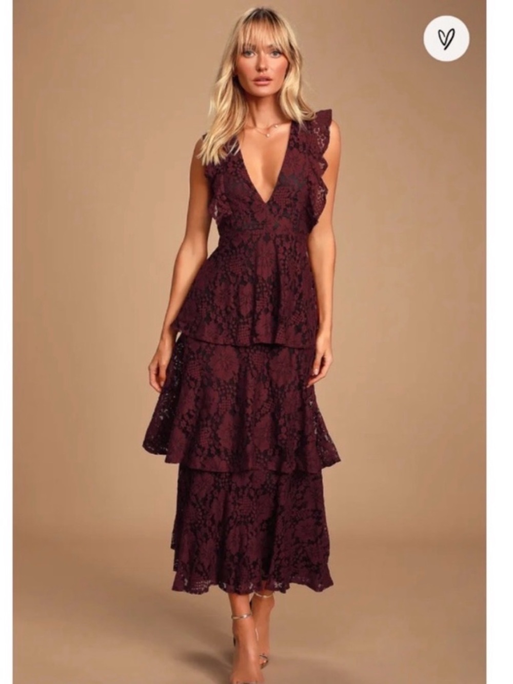 LULUS Molinetto Burgundy Lace Ruffled Tiered Sleeveless Maxi Dress